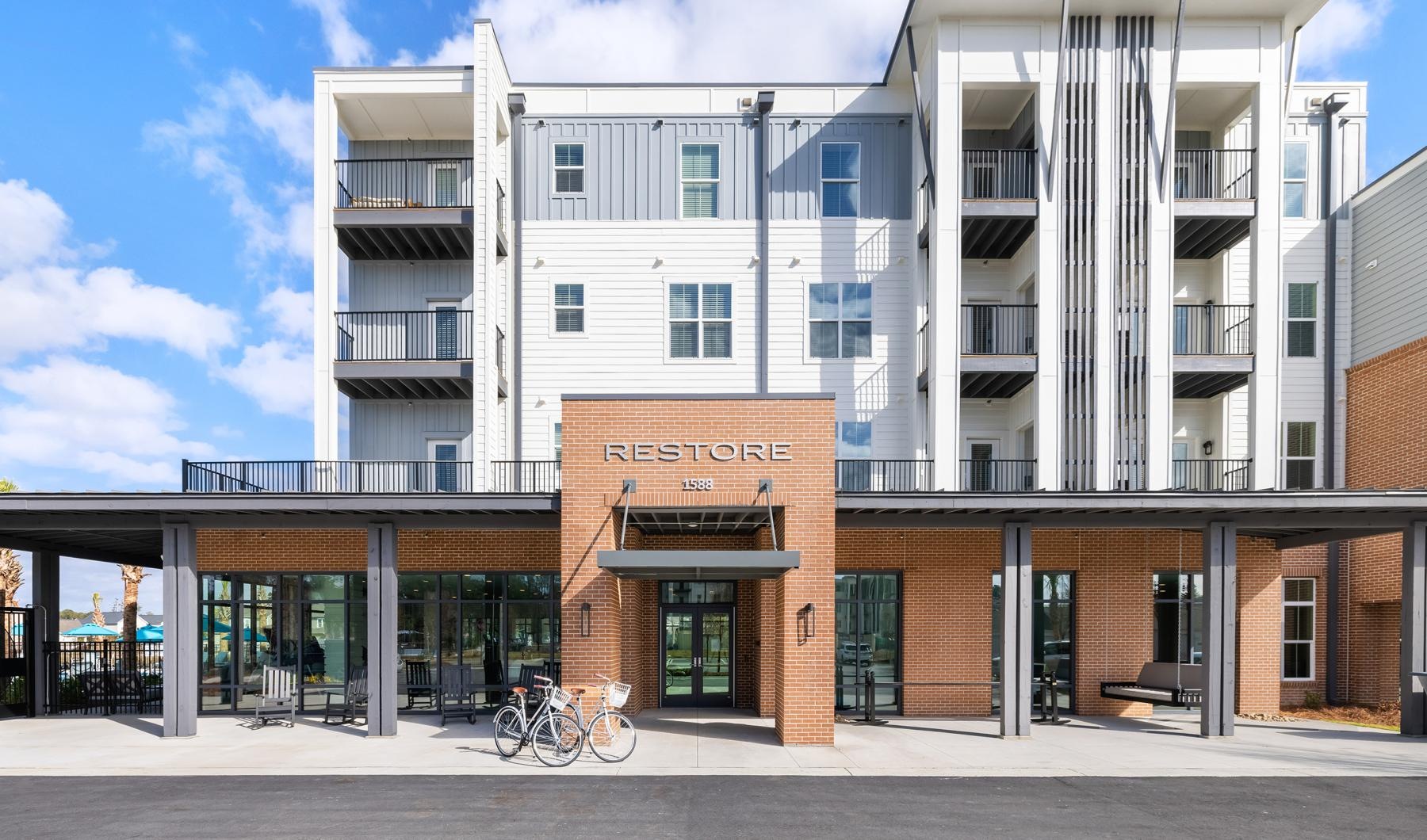 a building with a bike rack