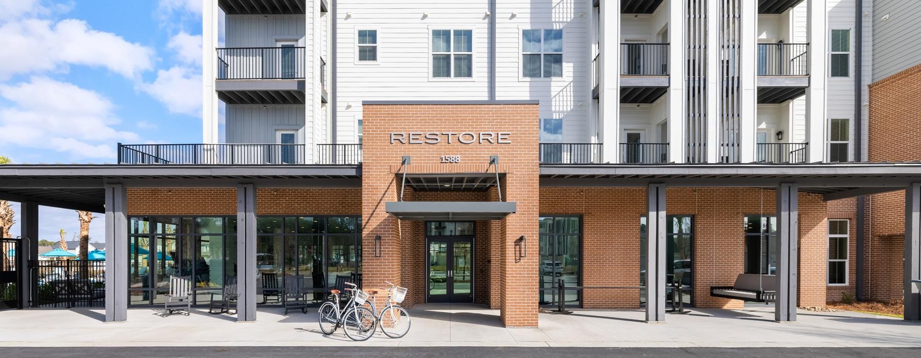 a building with a bike rack